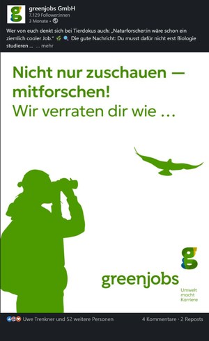 LinkedIn-Post von greenjobs: "Nicht nur zuschauen, mitforschen"