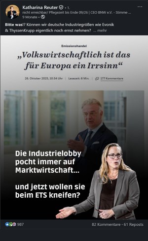 LinkedIn-Post von Katharina Reuter (BNW): Zitat-Karte zum Emissionshandel