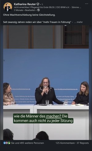 LinkedIn-Post von Katharina Reuter (BNW): Podiumsdiskussion zur Frauenquote