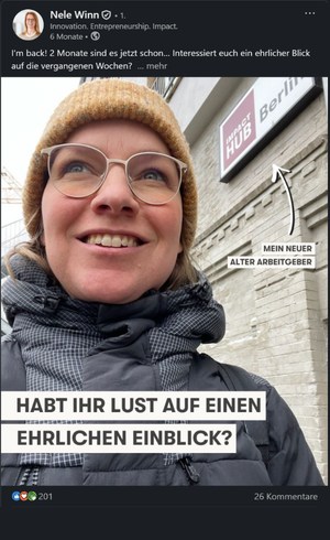 LinkedIn-Post von Nele Winn: Rueckkehr zum HUB Berlin